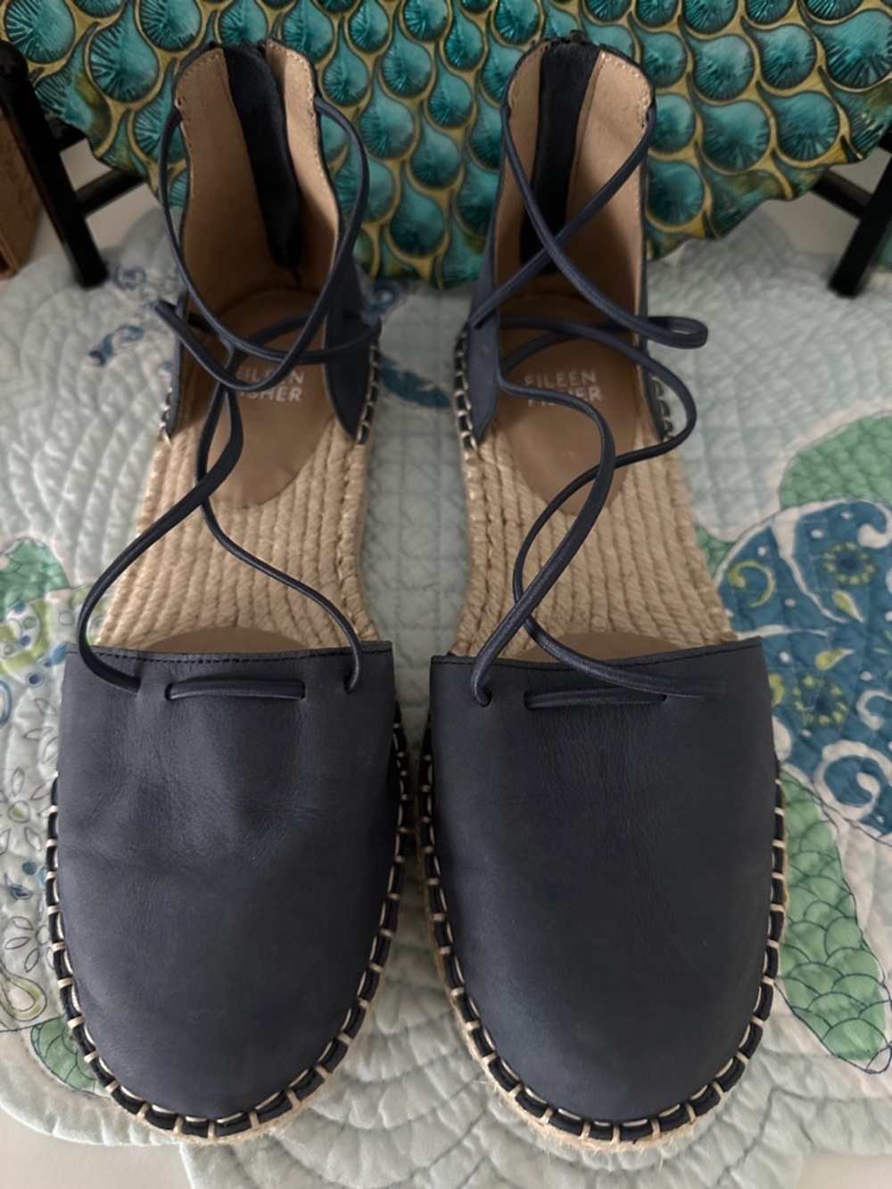 Eileen Fisher Navy Leather Espadrille Lace-Up Flats - Picture 6 of 8